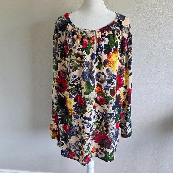 PLEIONE Blouse Tunic Bright Floral Keyhole Neck Long Roll Tab Sleeve Plus Sz 3X - Picture 1 of 7